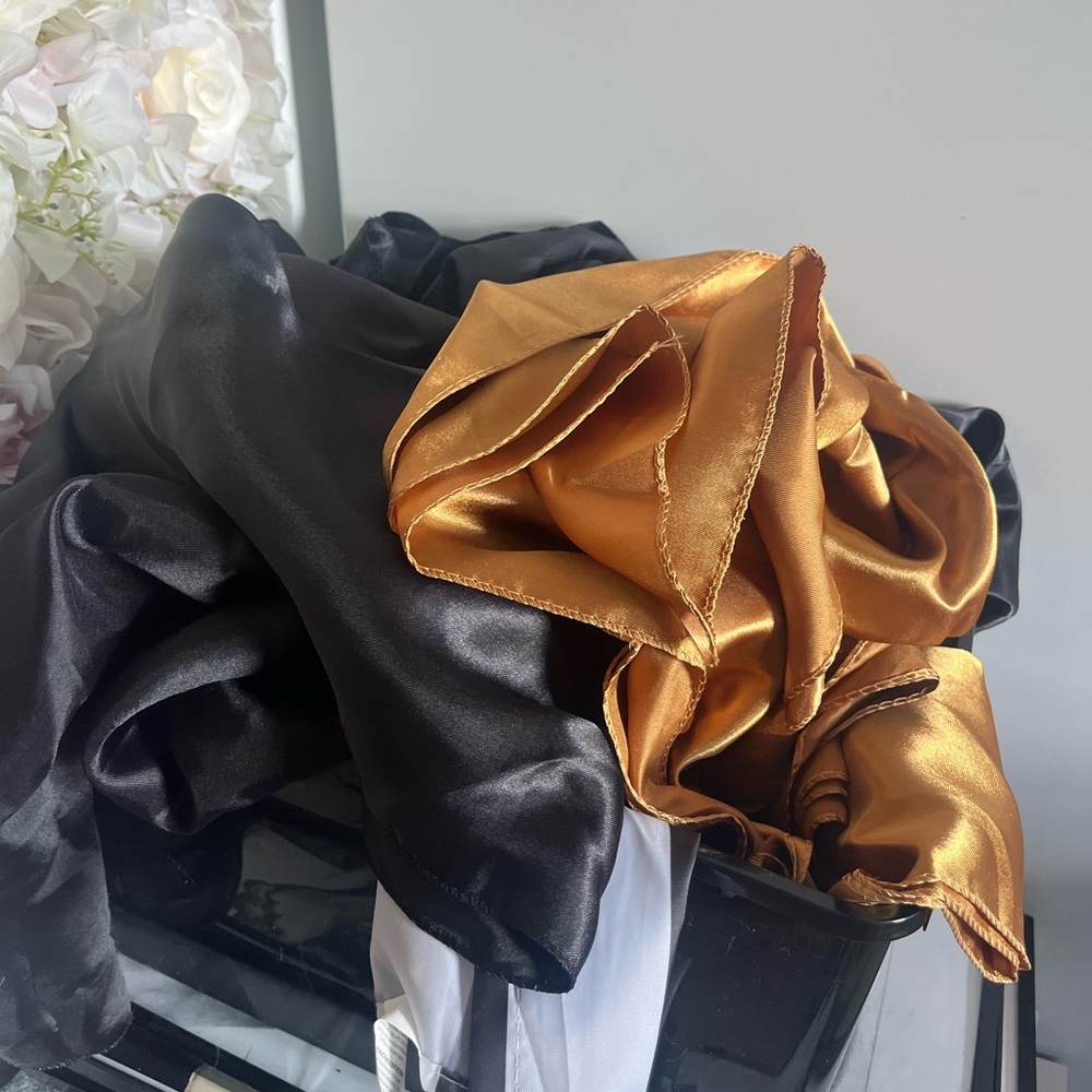 Sale! Table covers and runners. Black silk table covers and gold silk runners.